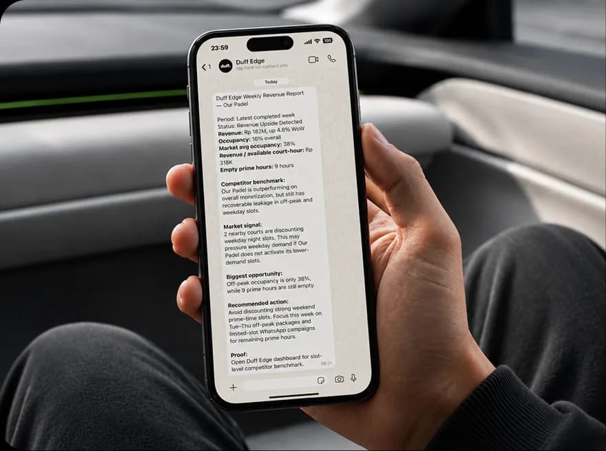 A venue owner reading Duff Edge's weekly revenue recommendations on WhatsApp.
